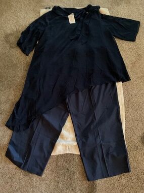 NWT FlyCurvy Navy 2 Piece Pant Set 5XL Bow Tunic Wide Leg Pants Plus Size